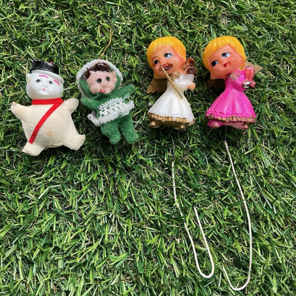 Vintage Christmas Ornaments Lot of 4 Angel Snowman Felt Pixie Japan Style